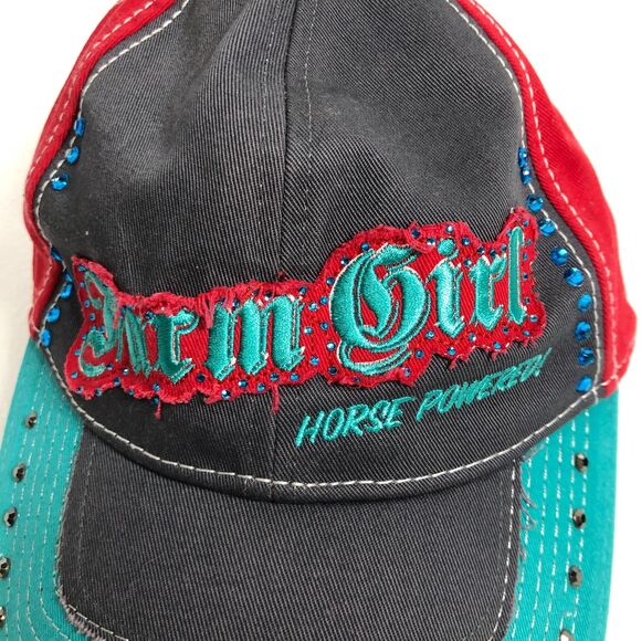 Farm Girl Womens Red Aqua Hat Cap with Rhinestones One Size - Picture 2 of 12